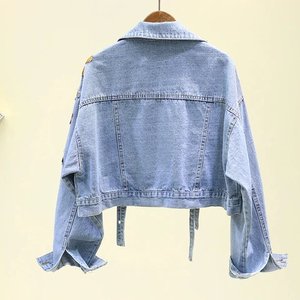 Veste en jean délavé pour femme, manches longues, col rabattu, broderie florale, coupe courte, vêtement d'extérieur décontracté pour le printemps - Product Image 2