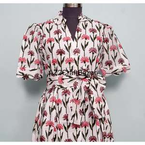 Robe midi à imprimé floral 100 % coton pour femme, très vendue, écologique, lavable, respirante, col en V, coupe trapèze, idéale pour le bureau - Product Image 4