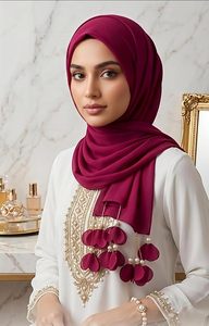 <b>Hijab</b> Scarf in Magenta with Pearl Floral Tassels Lightweight & Breathable, Crinkle Texture, Daily & Smooth Satin Finish - Product Image 3