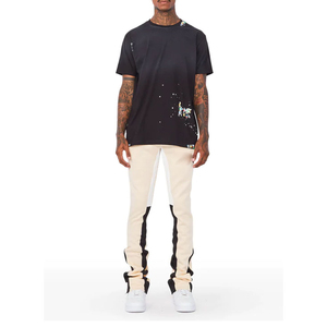 Pantalon évasé beige pour homme avec blocs de couleur, poches latérales, taille élastique et cordon de serrage – Survêtement décontracté pour l'automne - Product Image 4