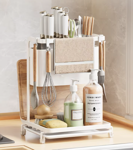 Organisateur d'évier télescopique magnétique double niveau OEM/ODM Vietnam avec égouttoir et étagère de rangement pour torchons - Product Image 1