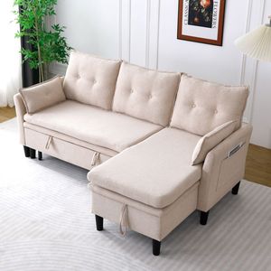 Canapé d'angle réversible en forme de L avec rangement, en coton et lin beige, pour bureaux et chambres d'appartement - Product Image 2