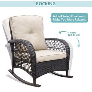 Fauteuil à bascule d'extérieur en rotin kaki avec coussins moelleux et structure en acier - Product Image 1