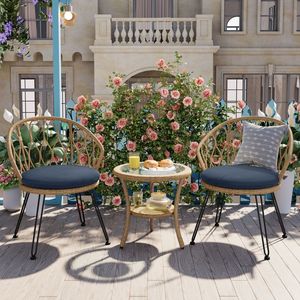 Ensemble de loisirs d'extérieur 2 pièces U_STYLE : Chaises individuelles en rotin avec table ronde en verre pour patios, balcons ou cours - Product Image 1