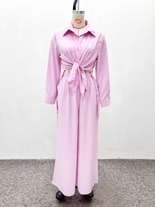 Ensemble deux pièces tissé vintage pour femme, chemise à manches longues boutonnée et pantalon large, grandes tailles, tenues décontractées écologiques S-2XL - Product Image 3