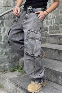 Pantalon cargo en denim délavé pour homme, taille haute, coupe ample, style streetwear, pour l'automne, en coton mi-lourd, couleur unie - Product Image 4