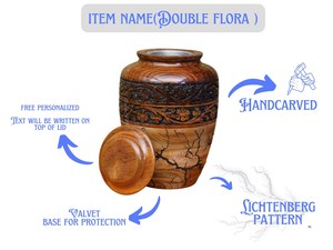 Personalized Wooden Cremation Urn Floral Inlay Lichtenberg Pattern Handmade Wooden Cremation Urn with Floral Inlay Design Lichte - Product Image 2