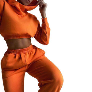 Unisex Orange Hooded <b>Crop</b> Top Tracksuit Set Full Sleeve Elastic Waist Jogger <b>Pants</b> Solid Color Casual Wear Winter Eco-friendly - Product Image 2