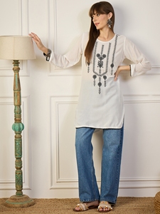 RN Blanc Brodé Viscose Coton Coupe Classique Décontracté Longueur Cheville Style Ethnique Indien Pakistanais Séchage Rapide Toutes Saisons Femme - Product Image 1