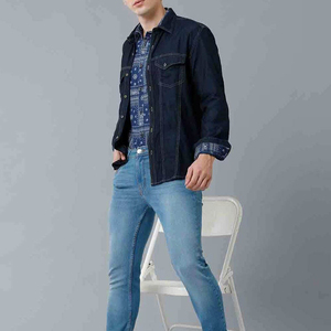 Chemise en jean foncé pour homme, manches longues, boutonnée, décontractée, couleur unie, coupe classique, 100 % coton, avec surpiqûres - Product Image 4