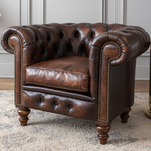 Sofá Individual Chesterfield Clásico de Cuero Marrón con Botones Decorativos y Brazos Enrollados, Sofá Vintage para Sala de Estar, Oficina, Hotel - Product Image 1