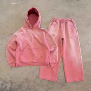 Ensemble de survêtement unisexe vert à capuche 100 % coton coupe ample avec sweat à capuche et pantalon de jogging deux pièces pour l'automne - Product Image 6