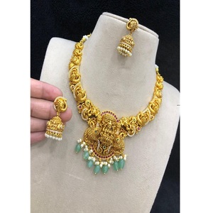 Exclusive Antique Polish Premium Quality Brass Metal CZ Jadau Stone Nagas Work Design Strawberry Quartz <b>Beads</b> Hanging Necklace - Product Image 1