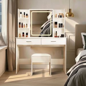 Bianco 2 cassetti trucco Vanity Desk 6 scaffali 3 modalità di illuminazione regolabile luminosità presa di corrente bagno vanità - Product Image 1