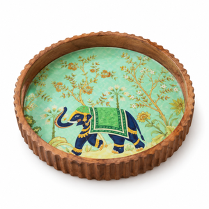 Botanical Enamel <b>Round</b> Wood <b>Tray</b> | Natural Wood Serving <b>Tray</b> with Ribbed Edge Elephant Floral Design Dining <b>Table</b> Home Decor Art - Product Image 1