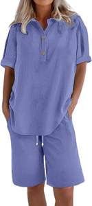 Ensemble de pyjama en coton tricoté pour femmes, 1 pièce, haut à manches longues, pantalon court, vêtements de nuit doux et confortables, tenue de maison - Product Image 2