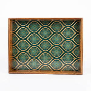 Plateau de service en bois fait main, vente en gros, personnalisé OEM ODM, revêtement émail Ogee Teal Gold, DECORYUG - Product Image 1