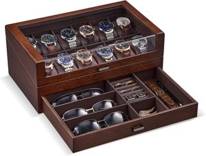 12-Slot Watch <b>Box</b> Watch Display Case with <b>Large</b> Glass Lid Removable Pillows Velvet Lining <b>Gift</b> Idea - Product Image 1