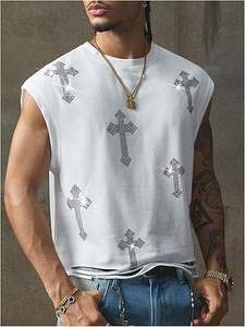 Camiseta sin mangas con gráfico de diamantes de imitación al por mayor para hombre, estilo streetwear con lavado ácido, logotipo personalizado, fábrica OEM - Product Image 3