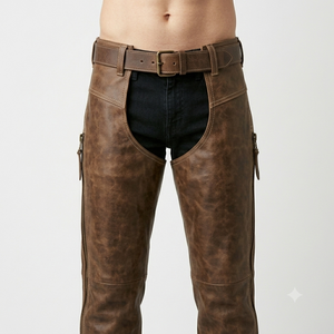 Chaps en cuir véritable marron vintage pour hommes, couleur et logo personnalisables, ceinture réglable, coupe décontractée, pantalon de style western, fermetures éclair latérales - Product Image 1