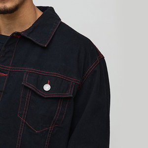Veste en jean décontractée brodée coupe oversize coupe-vent à épaules tombantes pour homme, noire délavée, 100 % coton, hiver - Product Image 6