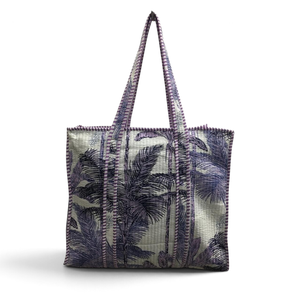 Quilted Cotton Canvas Tote Bag Palm Tree <b>Printed</b> Boho Beach Travel <b>Large</b> Capacity Purple White Women - Product Image 1