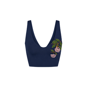 Débardeur bleu marine col en V avec broderie florale, style décontracté, usage quotidien, respirant, écologique, printemps/été, vente en gros - Product Image 1
