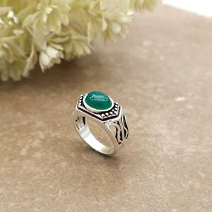 SHYAM JEWELRS Handcrafted Brass 925 Sterling <b>Silver</b> Plated Green Onyx Bezel <b>Set</b> Vintage Oxidized Boho Hippie Statement <b>Ring</b> for - Product Image 1