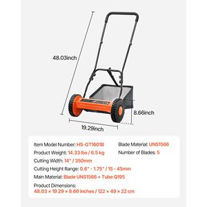 Tagliaerba Manuale a Spinta da 14 Pollici con 5 Lame, Motore a 2 Tempi Senza Motore, Altezza di Taglio Regolabile da 0.6 a 1.75, per Giardino - Product Image 6