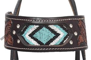 Ensemble de têtière et de collier de poitrine pour cheval de style western haut de gamme, en cuir ciselé à la main avec incrustation de turquoise, équipement équestre - Product Image 6