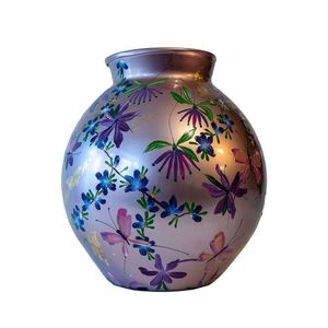 Vase rond en céramique Linea Exports Inc. avec motif floral violet, finition brillante, style bohème fait main, décoration de table - Product Image 3