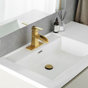 Rubinetto a cascata monocomando in nichel oro per lavabo con scarico a soffietto e tubi di alimentazione, con piastra di copertura per bagno - Product Image 5