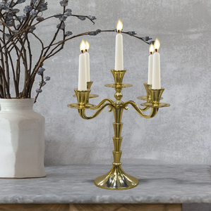 charming brass finish five branch <b>candelabra</b> showing a compact flared base arrangement, available at wholesale prices. - Product Image 6