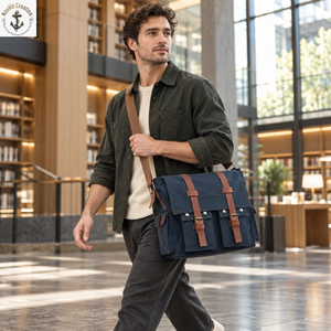 Navy Blue Canvas Crossbody <b>Bag</b> for <b>Men</b> | Vintage Messenger <b>Shoulder</b> <b>Bag</b> with Dual Front Pockets Buckle Straps Wide Carry Belt - Product Image 3