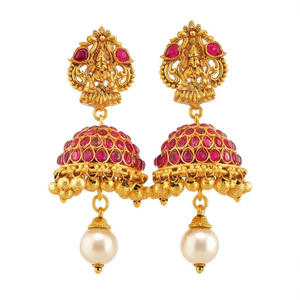 Ruby Jhumka 24K Gold Plated Pearl Drop Charm Earrings-Ethnic Religious Trendy Jewelry - Product Image 2