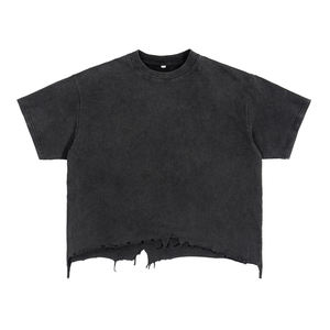 Men's Plus Size Vintage Wash Black O-Neck Short Sleeve T-Shirt Distressed <b>Raw</b> Hem Casual Tee - Product Image 4