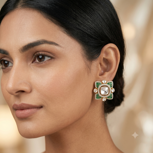 Lab Grown CVD Diamond Polki green inlay Earring Studded 14K Yellow Gold Certified Luxury Jewelry Engagement <b>Gift</b> - Product Image 2