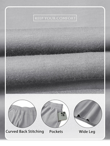 Pantalon large taille haute pour femme, coupe décontractée, couleur unie, en coton bouclette, longueur intégrale, taille élastique avec poches, idéal pour l'automne - Product Image 3