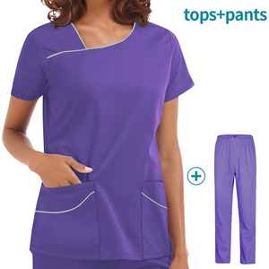 Conjunto de uniforme médico morado para mujer, blusa de manga corta y pantalones, uniformes de hospital, ropa de trabajo médica - Product Image 1