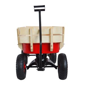 Chariot tout-terrain rouge pour enfants avec garde-corps en bois et pneus gonflables - Jouet de jardin à tirer - Product Image 3