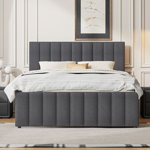 Letto matrimoniale imbottito in tessuto di lino grigio con letto estraibile singolo e 3 cassetti - Product Image 2