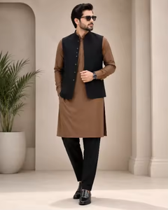 <b>Men's</b> Brown Cotton <b>Kurta</b> With Black Vest Traditional Casual Wear Ankle-Length Regular Fit Indian Pakistani Style - Product Image 2