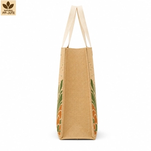 Sac fourre-tout en jute laminé à imprimé botanique personnalisé 36x40x15 cm avec poignées en coton, vente en gros, OEM, marque privée, fournisseur exportateur - Product Image 3