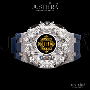 Montre élégante de luxe pour homme, style hip-hop, avec diamants, boîtier en acier inoxydable plaqué argent massif, bracelet en caoutchouc bleu, mouvement à quartz - Product Image 3