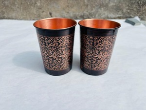 Copper <b>Drinkware</b> Set Oriental Design Black With Copper Pattern Two Cups - Product Image 3