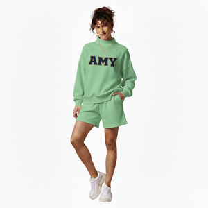 Ensemble short 2 pièces bleu marine pour femme, sweat-shirt à col rond et manches longues, short assorti, coupe décontractée, vêtements décontractés pour le printemps et l'été - Product Image 5