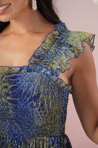 Robe midi en mousseline imprimée bleu-vert, col carré, volants, coupe trapèze, style bohème, ample, décontractée, pour femme, avec magnifique imprimé - Product Image 5