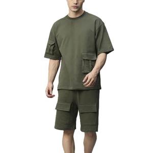 <b>Men</b>’s Olive Green Cargo T <b>Shirt</b> and Shorts Set Oversized Casual Two Piece Streetwear Outfit with <b>Utility</b> Pockets - Product Image 1