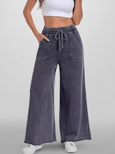 OEM Custom Logo <b>Women's</b> <b>Straight</b> <b>Leg</b> Fleece Sweatpants Jeans High Waist Casual Baggy Palazzo Pants Trousers Pockets 100% Cotton - Product Image 5