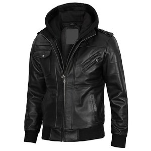 Blouson en cuir de vachette noir OEM Hiver 2026 pour homme, col à capuche, poches zippées, logo frontal, 100% haute qualité, faible MOQ, tendance - Product Image 4